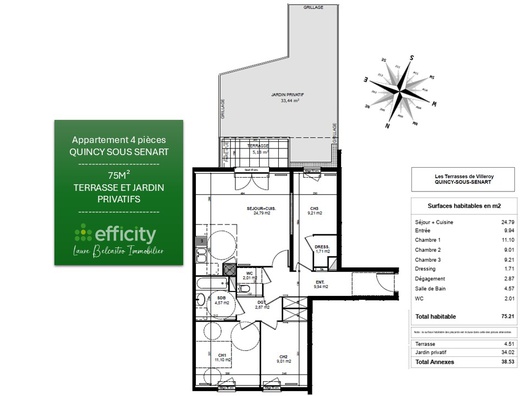 appartement 4 pièces - 74m2 à Quincy-sous-Sénart (91480)
